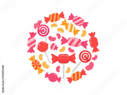 Assortment of colorful wrapped candies and lollipops arranged in a circle