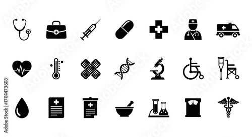 Healthcare Icons, Medical Symbols, Health Services, Digital Graphics, Clinical Environment, Flat Design Concept