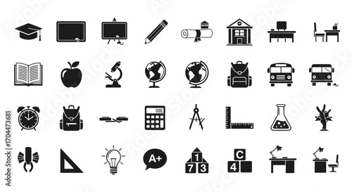 Educational Icons Collection, Learning Tools, Classroom, Vector Graphics, Digital Art, Top View, Knowledge and Growth