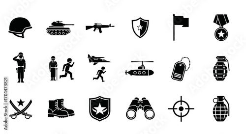 Soldiers, Equipment, and Symbols in Black Silhouette Style