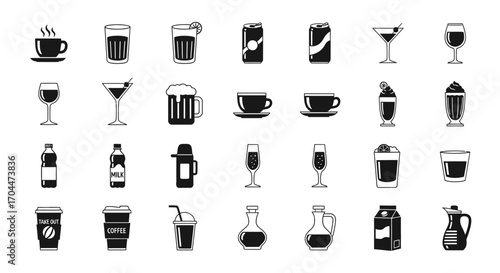 Diverse Beverage Icons, Graphic Design, Digital Art, Modern Style, Minimalist Aesthetic