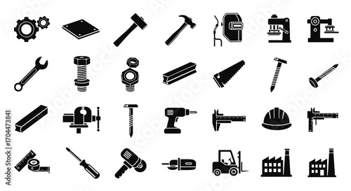 Industrial Tools and Equipment Collection, Workshop, Vector Illustration, Professional Environment, Top-Down View, Design Concept
