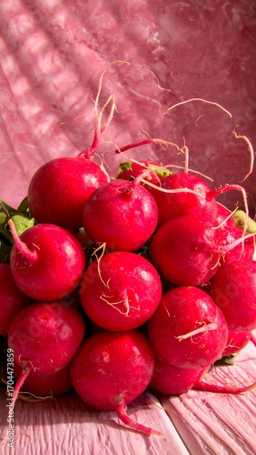 Cluster of vibrant red radishes on a pink background