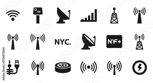 Satellite Dishes, WiFi Signals, and Towers in a Graphic Design Setting
