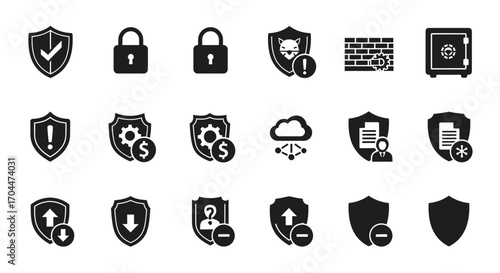 Protection Symbols in Black and White Illustrations for Digital Safety