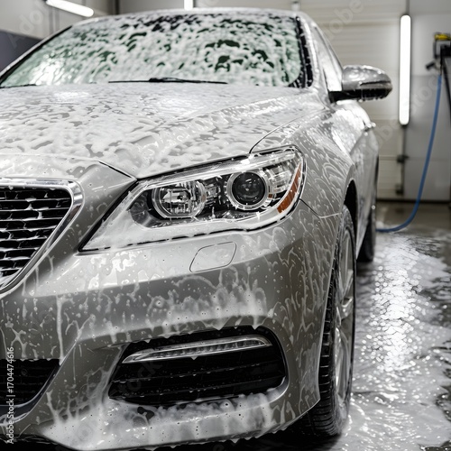 Close-Up of Silver Car Covered in Soap Suds During Professional Car Wash