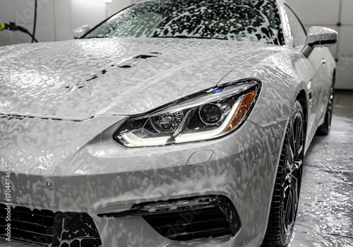Close-Up of Silver Car Covered in Soap Suds During Professional Car Wash