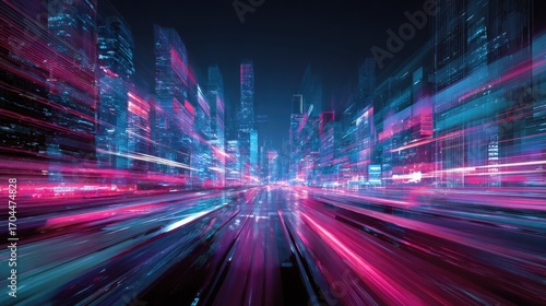 Wallpaper Mural vibrant cyan and magenta light trails streaking across a futuristic cityscape Torontodigital.ca