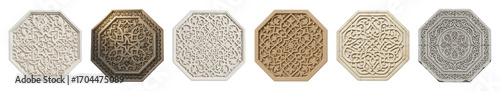 Ornate carved stone panel set featuring geometric, arabesque, and floral patterns isolated. Cultural art and architectural design elements.