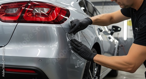 Professional Technician Applying Car Paint Protection Film on Rear Panel in Workshop