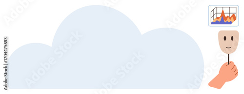 Soft cloud shape, a hand holding a smiling mask, and a dynamic data graph convey themes thumbs up privacy, identity, analytics, technology, data security, transparency, and simple flat metaphor