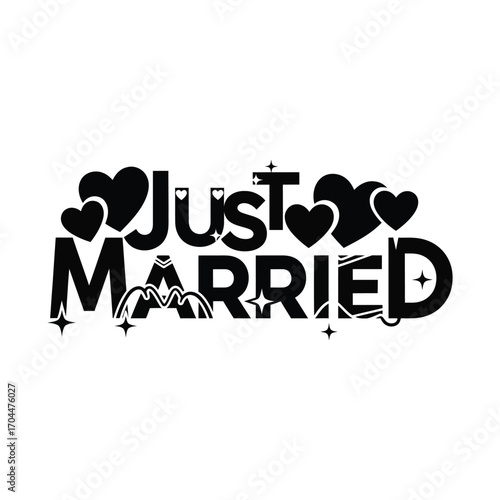 Just married text design with decorative style, wedding typography vector