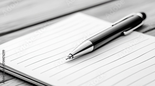 Pen and notepad on desk black and white