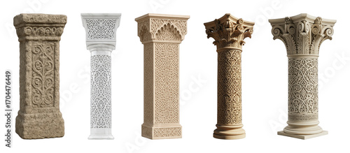 Ornate decorative column set including stone, marble, and carved styles isolated. Architectural and historical design elements.