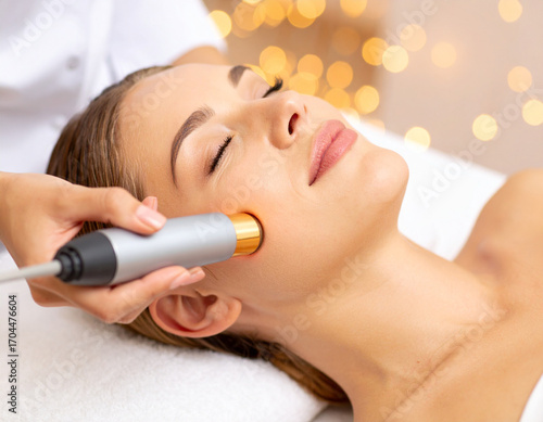 Woman receiving facial treatment with laser device in spa setting, eyes closed.