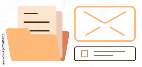 File folder with papers, email envelope, and task checkbox representing organization, communication, and productivity. Ideal for workflow, collaboration, file storage, office tasks digital tools