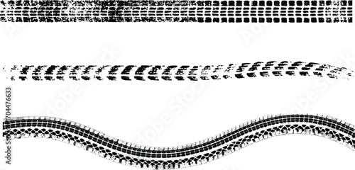 Tire tread marks, isolated wheel texture, tire marks - drift, rally, races, off-road, motocross. Vector isolated texture with grunge effect, splashes. Black monochrome tread prints. Vector graphic set