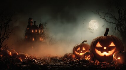 halloween background with pumpkins and haunted house  halloween background with evil pumpkin spooky scary dark night forrest holiday event halloween banner background concept