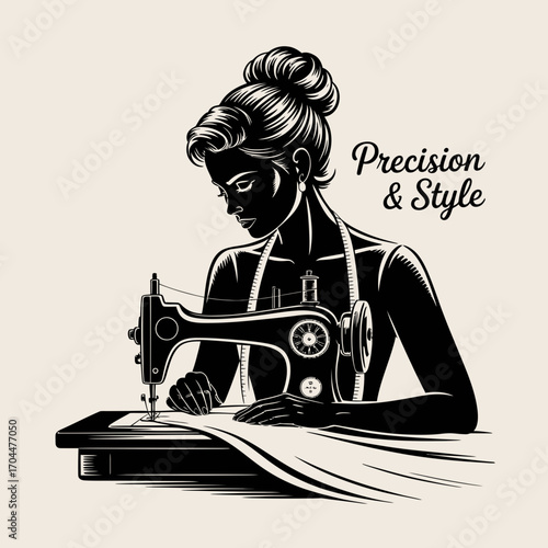 Seamstress sewing with vintage machine and fabric illustration