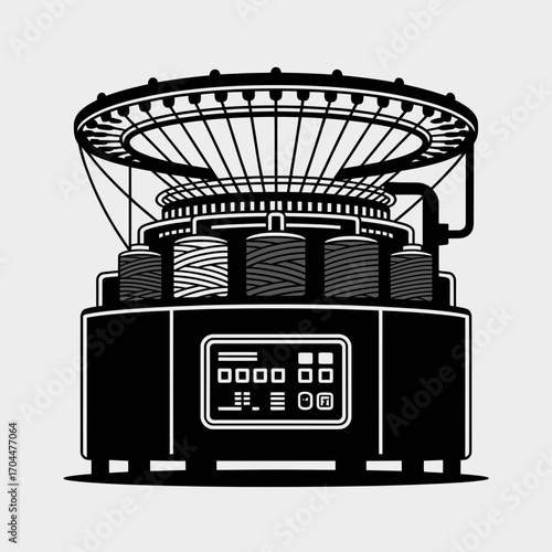 Circular knitting machine with yarn spools and textile industry equipment illustration