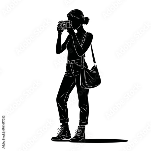 Female photographer taking picture with camera silhouette illustration