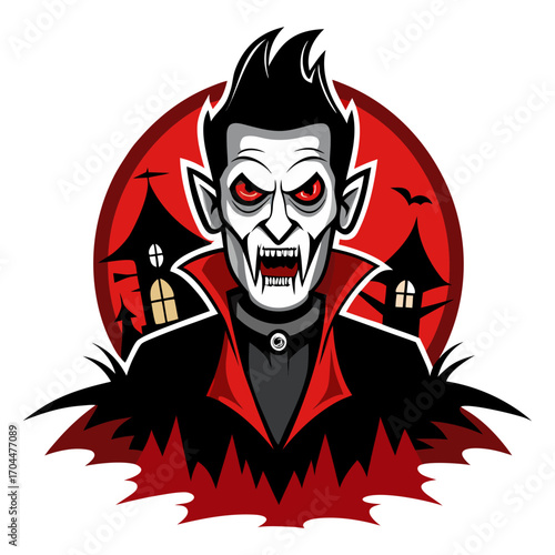 A cartoon-style vampire with glowing red eyes, sharp fangs, and a raised collar, standing menacingly against a red moon and spooky haunted houses.