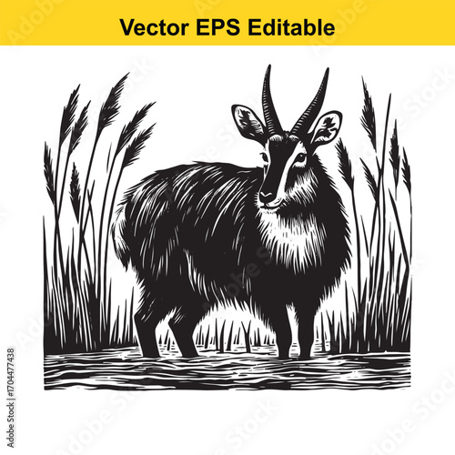 Vector art of black and white illustration of a waterbuck standing in tall grass