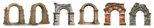 Ruined stone arch set including ancient, gothic, classic, and red brick styles isolated. Historical architectural elements collection.