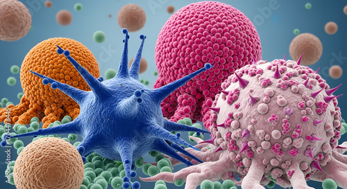 A vibrant, microscopic view of diverse spherical and spiky cells, some with tentacle-like appendages, floating in a fluid environment against a gradient blue background.