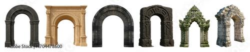 Stone arch set including Celtic, ornate, ancient, fantasy, and weathered designs isolated. Architectural elements for design projects.