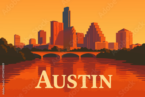 Sunset View of Austin Skyline and Colorado River