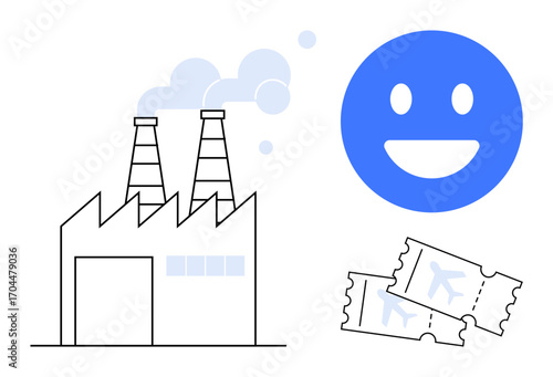 Factory with smoking chimneys, two airplane flight tickets, and a large blue smiling face representing happiness, production, travel, and satisfaction. Ideal for industry, tourism, travel