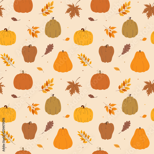 Circle frame of pumpkins and autumn leaves. Round border of fall decoration elements. Autumn vibes, Thanksgiving day, cozy Halloween. Vector flat illustration isolated on white background.