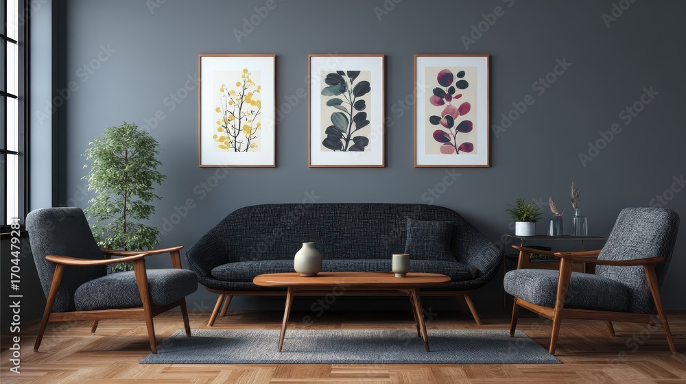 Fototapeta premium midcentury home interior design for a modern living room featuring a dark grey sofa and chair against a grey wall with three art frames generative ai