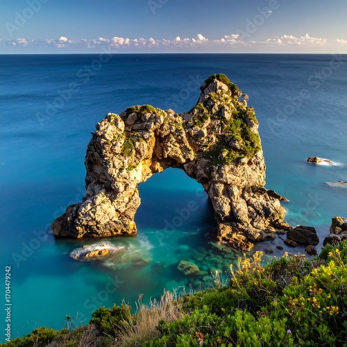 Coastal archway, vibrant turquoise water, rocky landscape