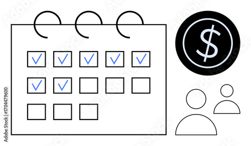 Calendar featuring checkmarks, a dollar icon symbolizing budgeting, and two abstract user icons. Ideal for schedule management, financial planning, team coordination, goal setting, productivity, task