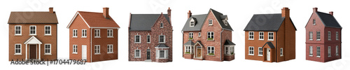 Brick house set including various architectural styles, roof types, and facade details isolated. Perfect for real estate, urban planning, or design projects.