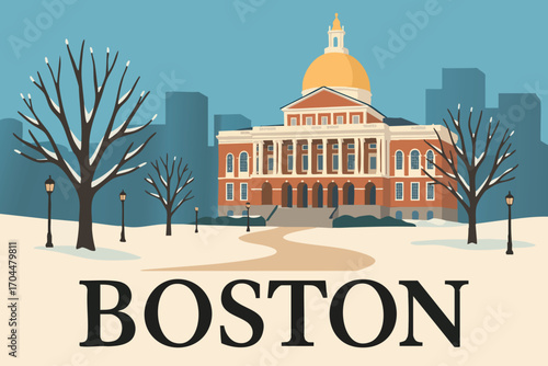 Boston Common and State House Winter Scene.eps