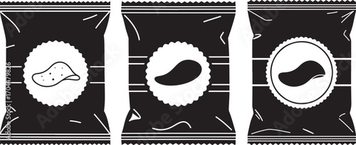 Three black and white chip bags with oval labels showing potato chips silhouette