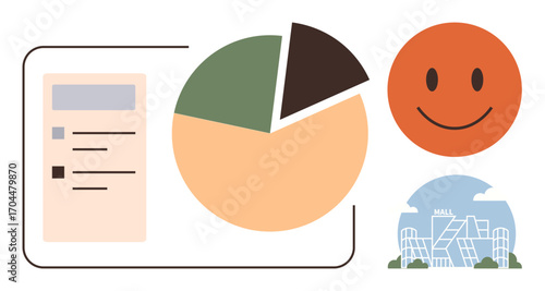 Pie chart with three segments, checklist for tasks or analysis, smiling face for positivity, stylized shopping mall silhouette. Ideal for business, marketing, retail, analytics, customer
