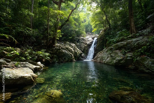 Waterfall in the forest with rocks and trees surrounded by green nature