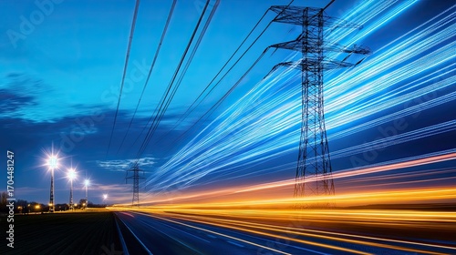 Power lines and light trails on highway at dusk