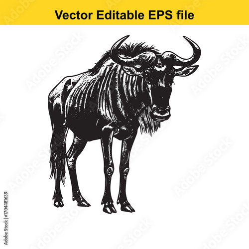 Vector art of black and white illustration of a wildebeest