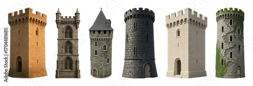 Castle tower set including medieval, fantasy, gothic, and ruined stone designs isolated. Architectural building elements and game assets.