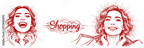 Vector set on emotions and purchases: Happy woman enjoying shopping with joyful expression and hairstyle  