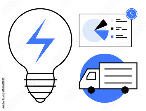 Light bulb with energy bolt, analytics chart with pie graph, and delivery truck suggest innovation, business strategy, and sustainability. Ideal for energy, logistics, finance, analysis