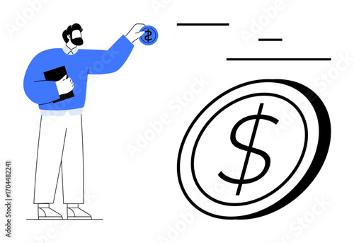 Businessman holding a book while tossing a dollar coin representing finance, investment, money management, and prosperity. Ideal for business strategy, banking, startups, and simple landing page