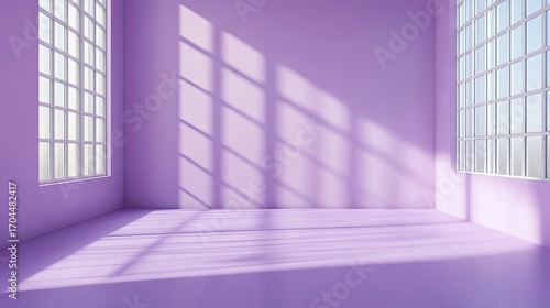 Empty lilac room with sunlight and window shadows