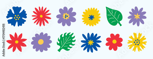 Naive daisy flowers clipart set with top view blooms and leaves. Hand drawn.