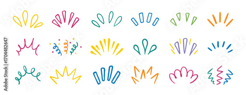 sunburst, doodle sun rays colorful lines. Cute funny hand drawn lines showing concentrated lines set, awareness, inspiration and surprises